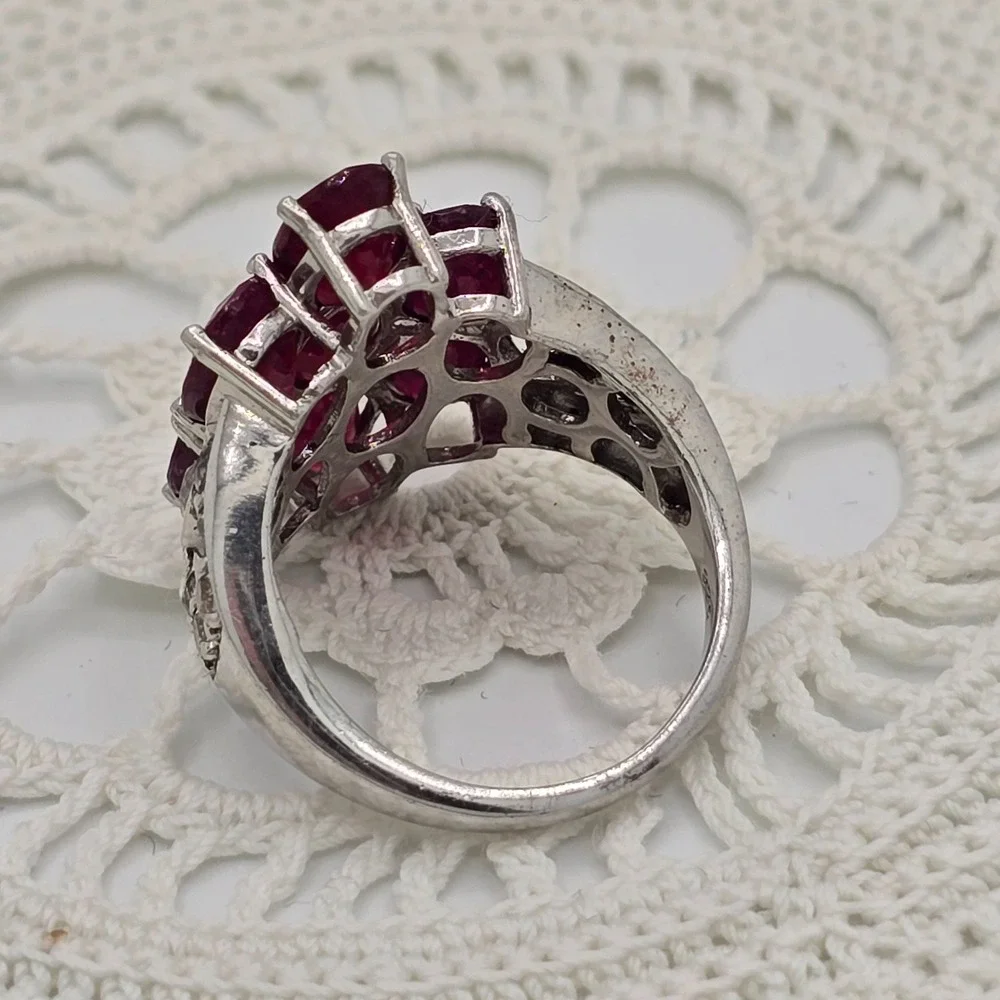 925 Cluster Ring Sterling Silver Red Colored Gemstone Flower Size 5